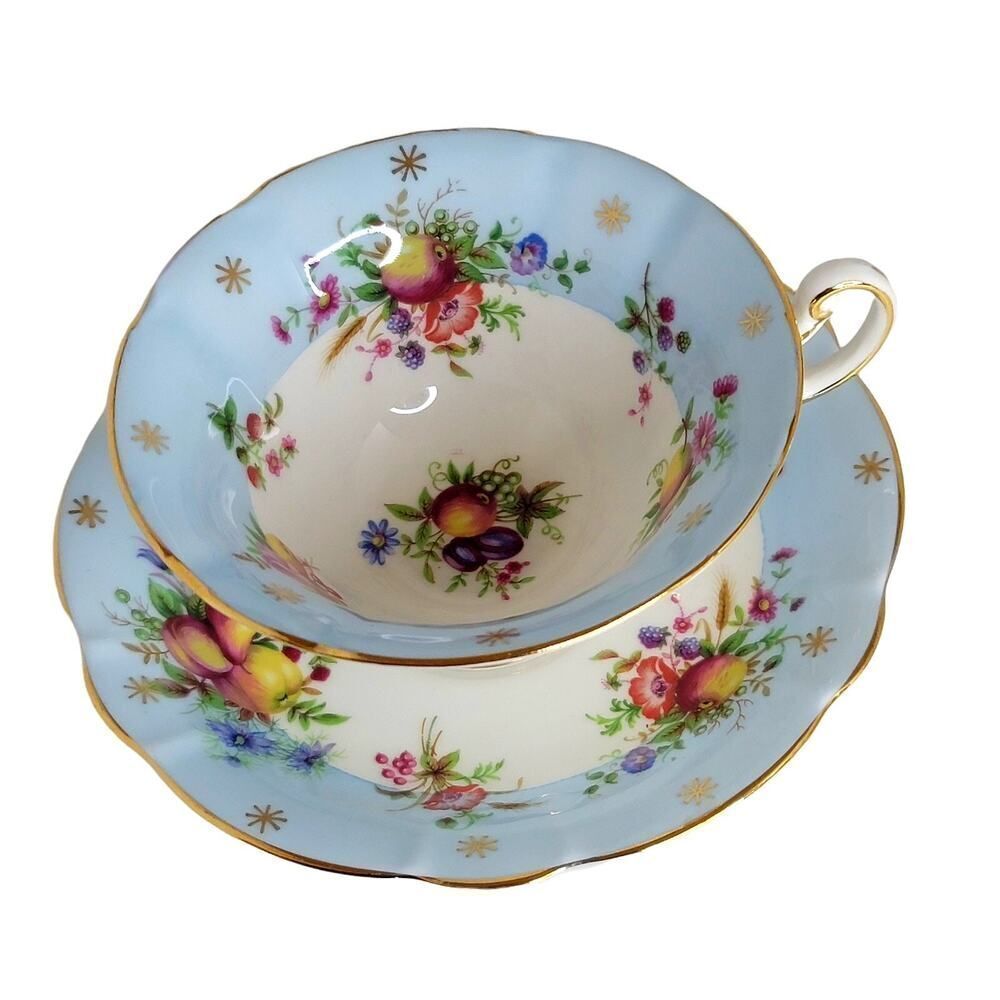 Vtg E.B Foley Beautiful Cup & Saucer Fruit Floral Sky Blue Wide Mouth Gold Rim - Picture 4 of 12